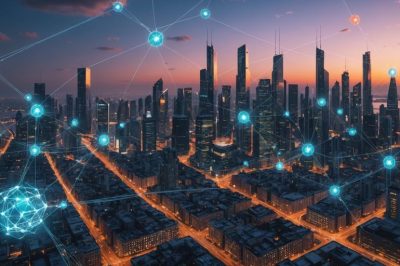 Futuristische Stadt mit Blockchain-Knoten