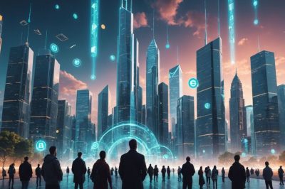 Futuristische Stadt mit digitalen Währungssymbolen