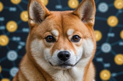 Shiba Inu Hund mit Kryptowährungssymbolen