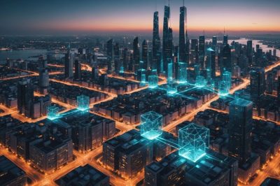 Futuristische Stadt mit Blockchain-Knoten