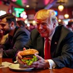 Donald Trump isst einen Burger in einer Bar.