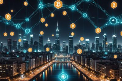 Futuristische Stadt mit Blockchain und Kryptowährungen