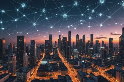 Futuristische Stadt mit Blockchain-Knoten