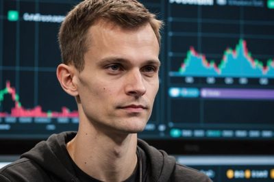 Vitalik Buterin mit Ethereum-Logos und Marktdiagramm