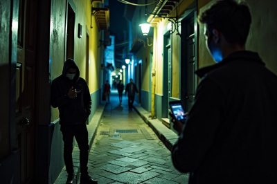 Dunkle Gasse mit schattenhaften Figuren und Smartphone.