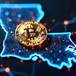 Bitcoin-Symbol mit Blitzen vor der Umriss von Louisiana.