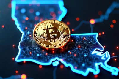 Bitcoin-Symbol mit Blitzen vor der Umriss von Louisiana.