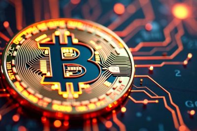 Nahaufnahme einer Bitcoin-Münze mit leuchtenden digitalen Elementen.