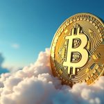 Goldene Bitcoin-Symbol vor blauem Himmel mit Wolken.