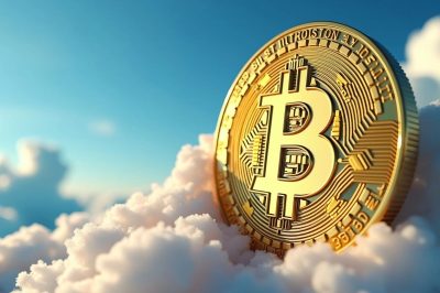 Goldene Bitcoin-Symbol vor blauem Himmel mit Wolken.