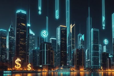 Futuristische Stadt mit Kryptowährungssymbolen