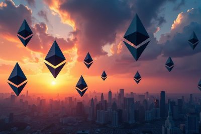 Sonnenuntergang über Stadt mit Ethereum-Logos