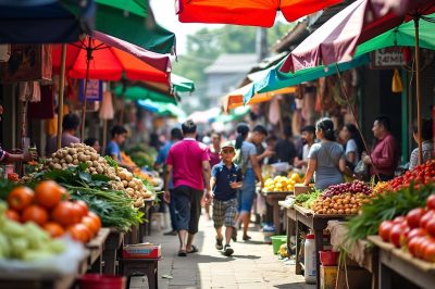 Belebter indonesischer Markt mit bunten Ständen und Käufern.