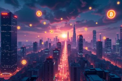 Futuristische Stadt mit Blockchain und Kryptowährungen