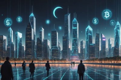 Futuristische Stadt mit digitalen Währungssymbolen